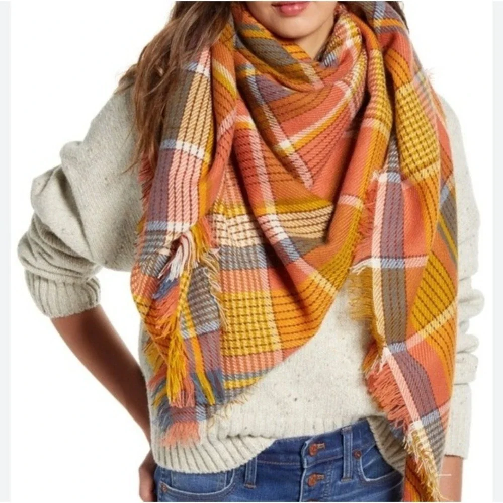 Madewell Tartan Plaid Fringe Blanket‎ Scarf Orange Yellow Soft Warm Travel Chic